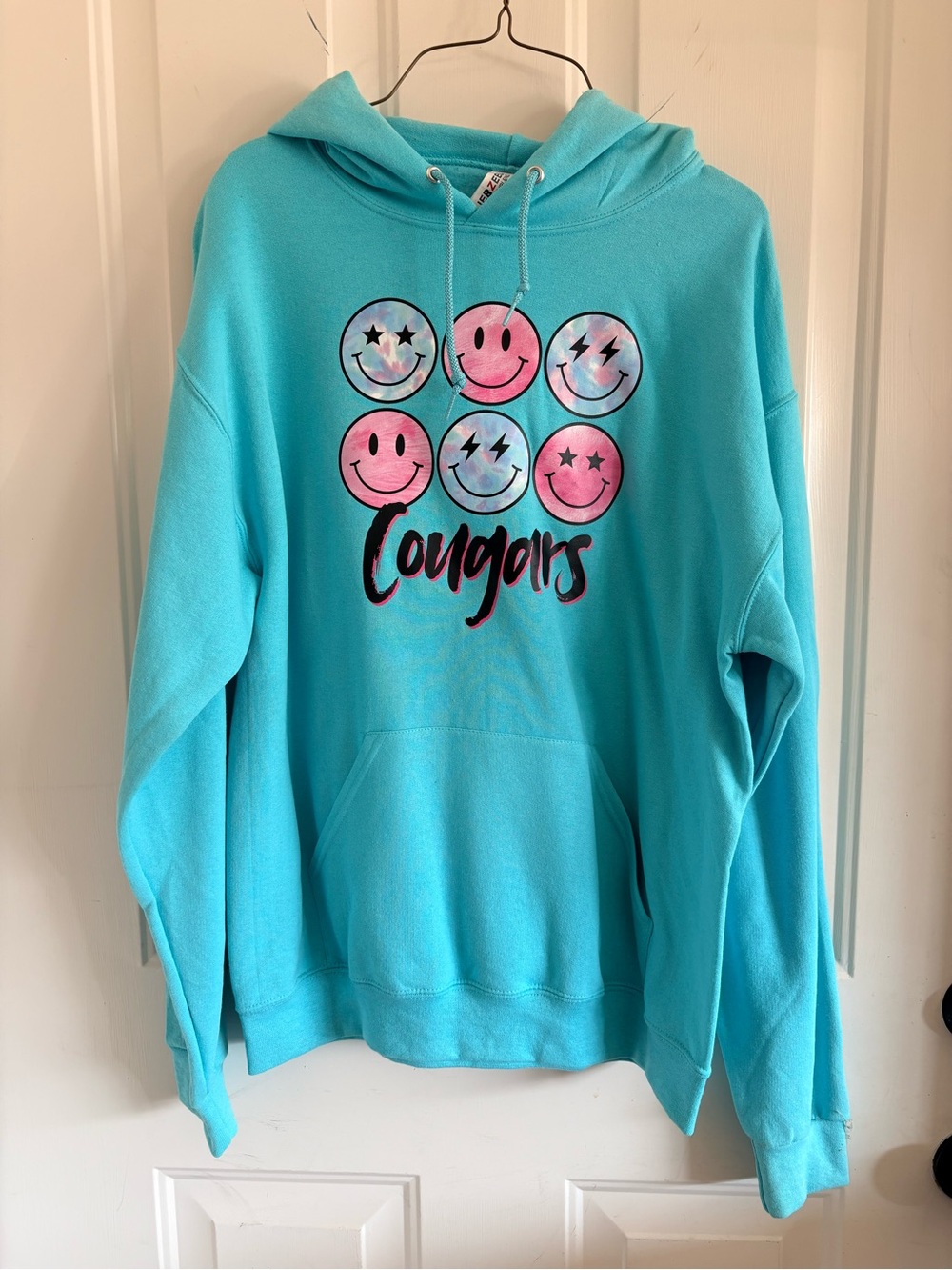 Jerzees Cougars Turquoise Hooded Sweatshirt with Pink & Light Blue Smiley faces